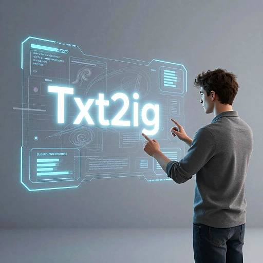 Photograph of a man with curly brown hair, wearing a grey sweater and jeans, pointing at a glowing blue, holographic 