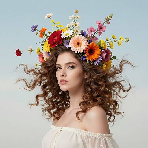Photograph of a fair-skinned woman with curly brown hair, wearing a colorful flower crown and an off-shoulder white dress, against a light