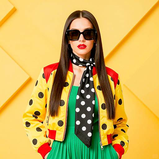 Fashionable Woman in Polka Dot Jacket and Sunglasses