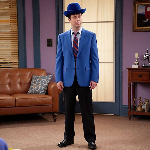 Man in Blue Suit and Hat Indoors