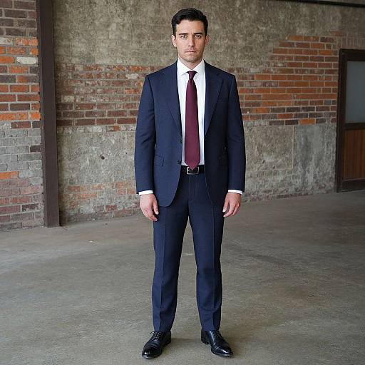 Photograph of a serious, Caucasian man with short dark hair, wearing a black suit, white shirt, and maroon tie, standing in an industrial