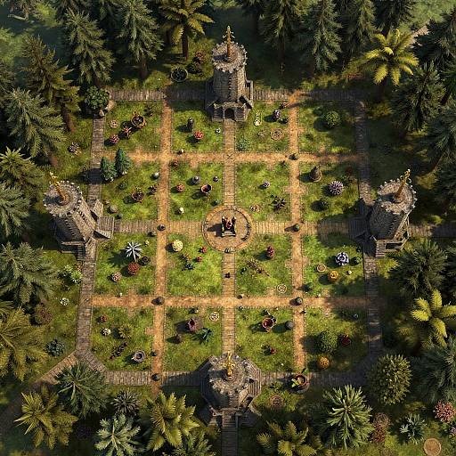 Top-down aerial photo of a lush, symmetrical garden with four stone towers, colorful flower beds, and pathways, surrounded by dense forest.