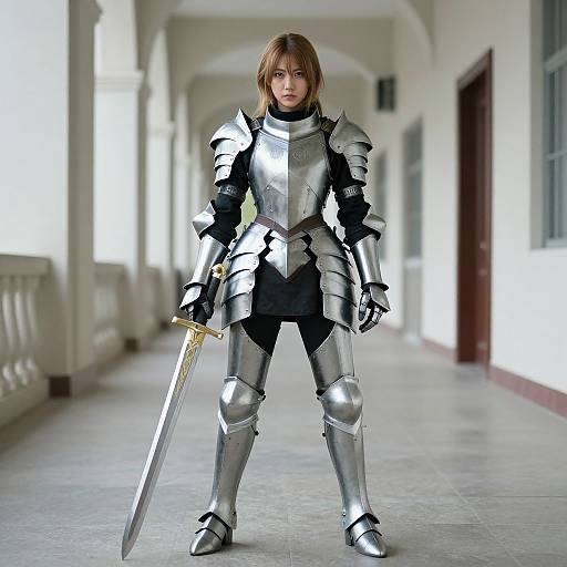 Photograph of a serious, young, brown-haired woman in silver medieval armor, holding a gold-hilted sword, standing in a sunlit,