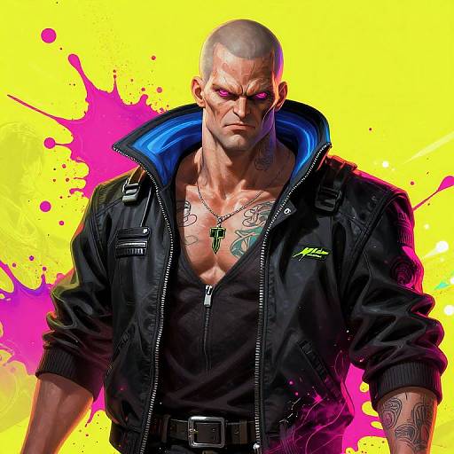 Digitally illustrated muscular bald man with tattoos, black jacket, and open shirt, against vibrant yellow and pink splattered background. Intense expression, piercing