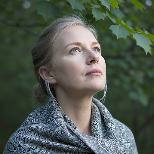 Photograph of a fair-skinned woman with blonde hair, wearing a patterned gray scarf, looking upwards into sunlight filtering through green leaves.