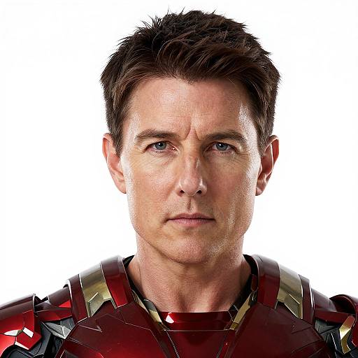 Photograph of a serious-looking, middle-aged man with short brown hair, blue eyes, wearing a red and gold armored suit, against a white background