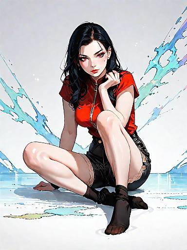 Stylish Woman in Red Blouse and Black Leather Shorts