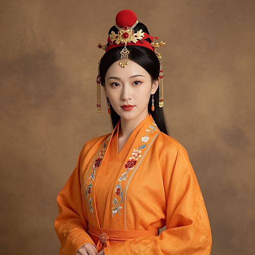 Photograph of a beautiful East Asian woman in an orange traditional Korean hanbok, adorned with intricate embroidery and a red and gold headdress, set