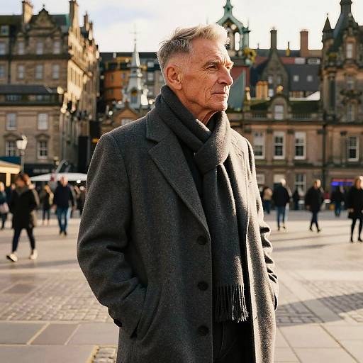 Photograph of an elderly man with gray hair, wearing a dark gray coat and scarf, standing in a sunlit, busy European town square with historic