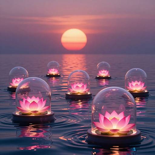 Photograph of glass-domed lotus lamps with pink glowing flowers floating on calm water at sunset, reflecting orange and purple hues.