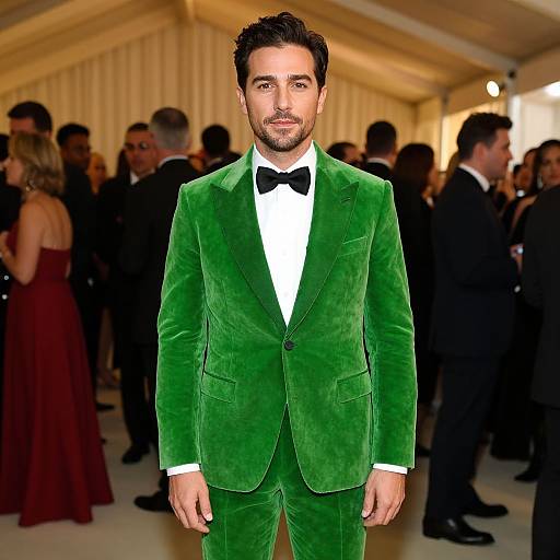 Photograph of a handsome man with dark hair and beard, wearing a green velvet tuxedo with black bow tie, standing in a well-lit
