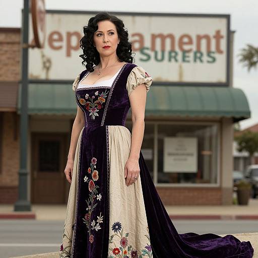 Photograph of a fair-skinned woman with dark curly hair in a Victorian-style black and cream dress with floral embroidery, standing in front of a 
