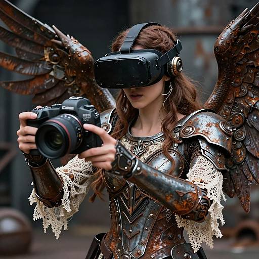 Digital artwork of a winged, armored woman with long brown hair, wearing a virtual reality headset, photographing with a DSLR camera.
