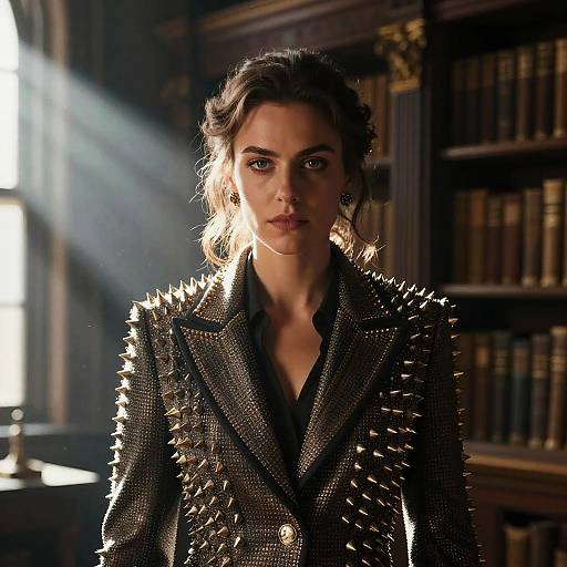Hyperreal Woman in Spiked Jacket Victorian Library