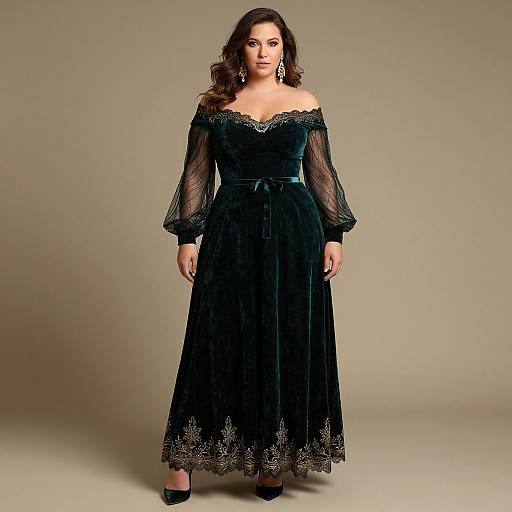 Photograph of a curvy woman with medium brown skin and wavy brown hair, wearing an off-shoulder black velvet dress with lace trim and