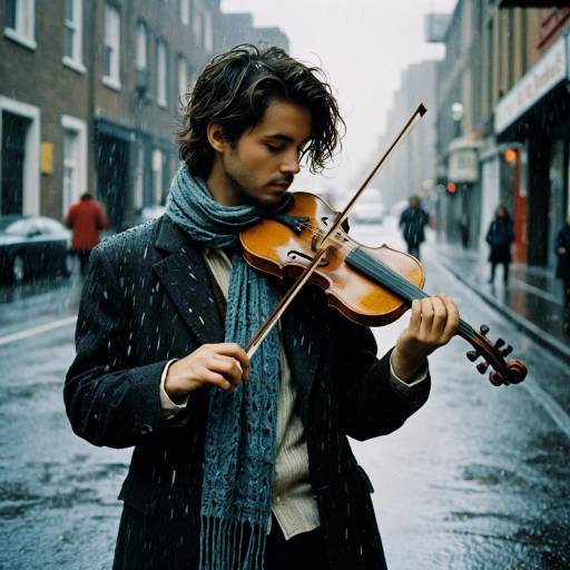 Lonely Violinist on Rainy Street