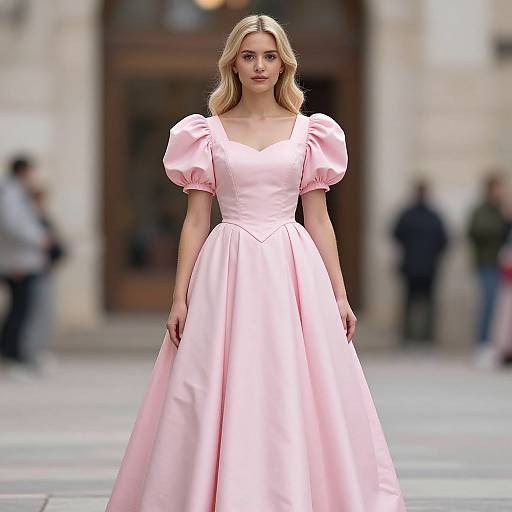 Photograph of a blonde woman in a pink, puffed-sleeve ball gown, standing confidently on a city street, blurred background.