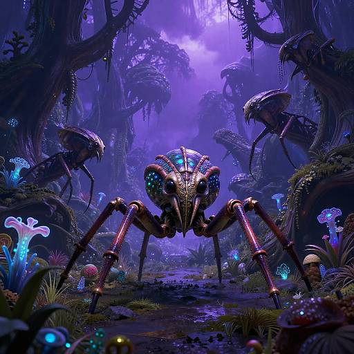 Digital artwork of a glowing, insectoid alien creature with blue bioluminescent eyes, standing in a dark, mystical, purple-lit forest filled