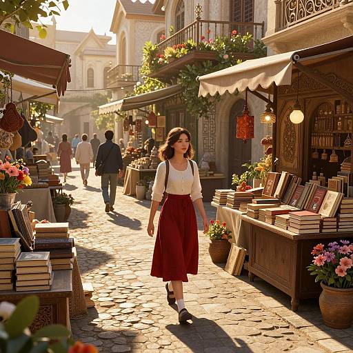 Photograph of a sunlit, cobblestone street market with a young woman in a white blouse and red skirt, surrounded by flower pots, book