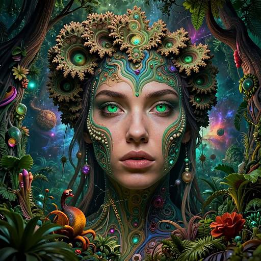 Digital artwork: Fantasy portrait of a woman with glowing green eyes, adorned with intricate, gear-like headpiece, surrounded by vibrant, exotic jungle foliage and