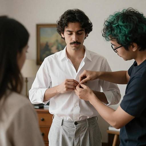 Man Getting White Shirt Buttoned Indoors