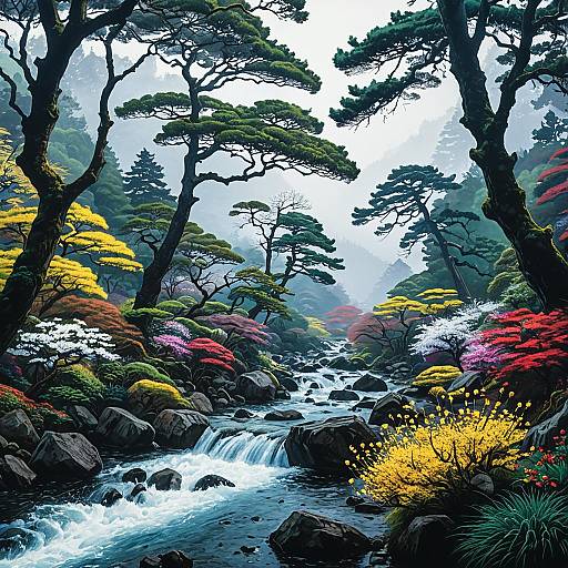 Misty Japanese Forest Stream with Colorful Trees