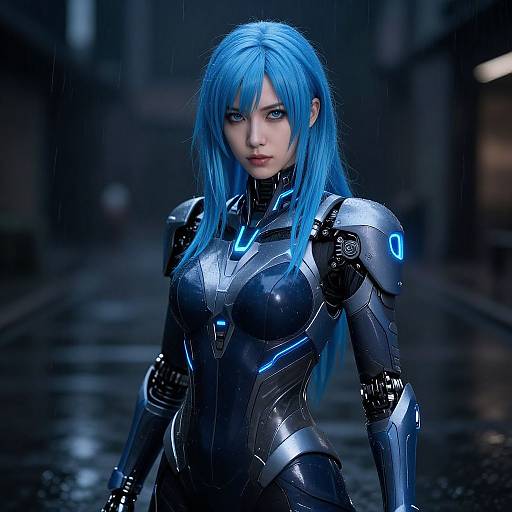 CGI image of a blue-haired woman in a futuristic, black and blue armored suit, standing in a rainy, dark alley.