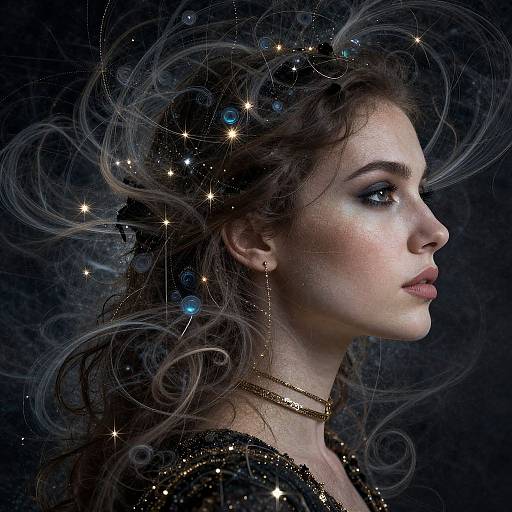 Digital portrait of a fair-skinned woman with flowing, starlit hair, blue eyes, and golden necklace, against a dark, mystical background.