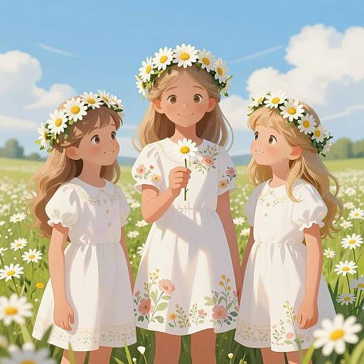 Three Girls in Daisy Crowns in Flower Field
