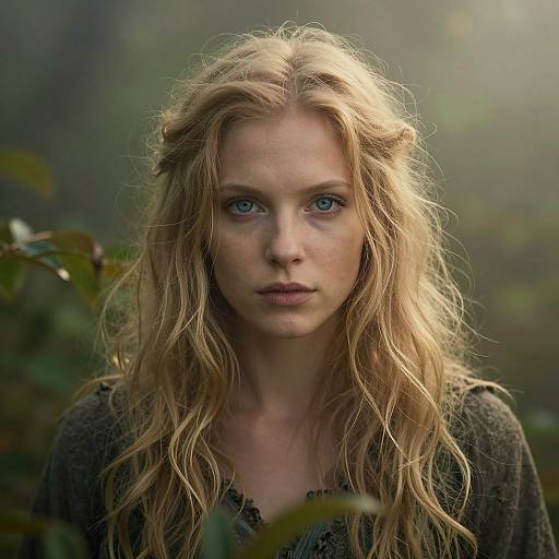 Photograph of a young blonde woman with blue eyes, wavy hair, and fair skin, wearing a dark, textured top, standing in a mist