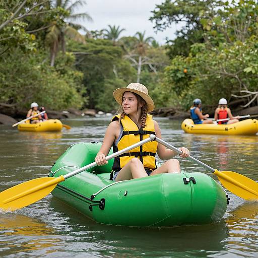 Photograph of a young woman in a green inflatable kayak, wearing a straw hat and yellow life jacket, paddling on a tropical river with lush green