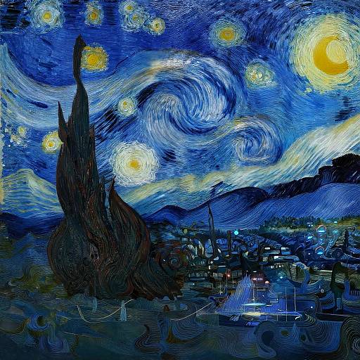 Van Gogh Style Starry Ocean with Tech