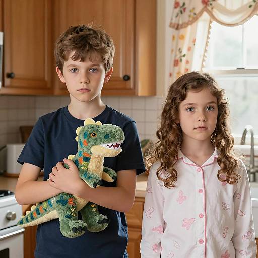 Serious Boy Holding Dinosaur Toy with Girl in Kitchen