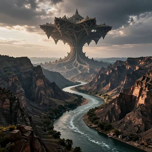Fantastical digital art: towering, ornate, tree-like structure over a winding river in a dramatic, rocky canyon landscape at sunset.