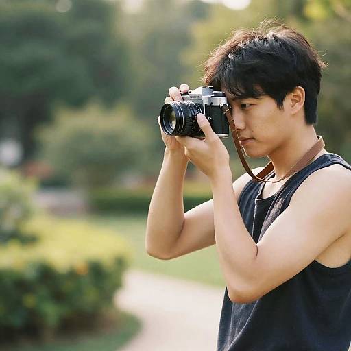 Photograph of an Asian man with short black hair, wearing a black sleeveless shirt, intently taking a photo with a DSLR camera in a