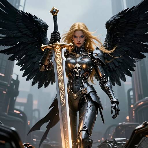 Digital artwork of a fierce, blonde, angelic warrior with black wings and sleek, black armor holding an ornate sword in a futuristic cityscape.