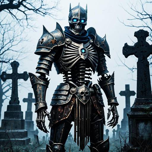Skeletal Knight with Glowing Eyes in Foggy Graveyard
