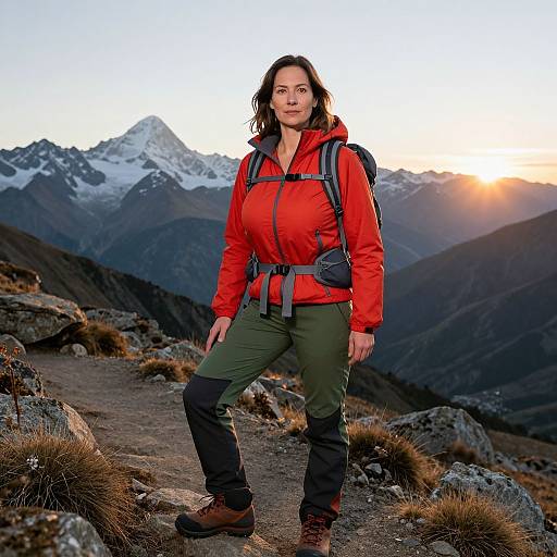 Photograph of a confident woman with medium-length dark hair, wearing a red jacket, green pants, black boots, and a backpack, standing on a
