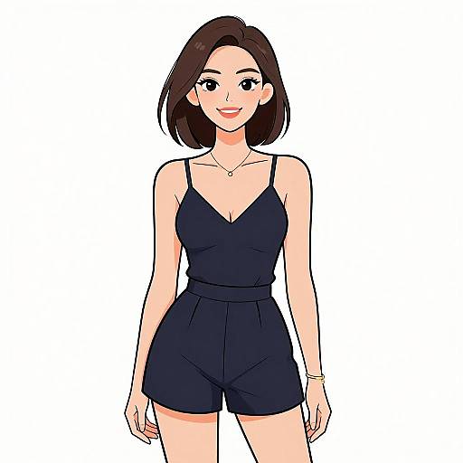 Digital anime-style drawing of a smiling woman with short brown hair, wearing a black spaghetti-strap romper, white background, simple jewelry.