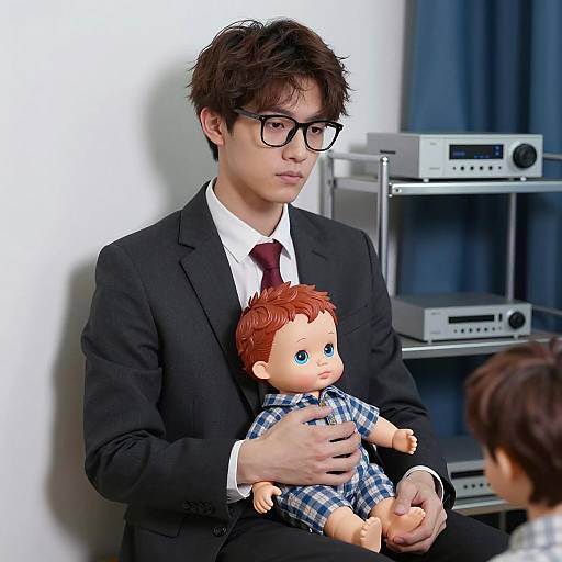 Man with Doll Against a White Wall