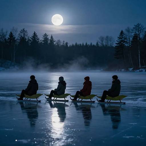 Photograph of four silhouetted people skating on yellow sleds under a full moon, reflected on a frosty, misty lake, surrounded