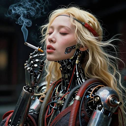 Cyborg woman with blonde hair, mechanical arms, and exposed circuitry, smokes a cigarette with blue smoke. Dark, futuristic background. Digital art