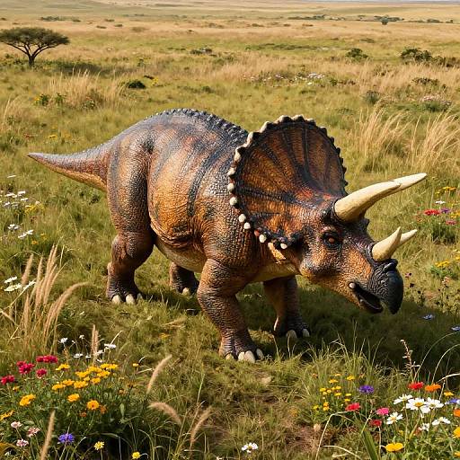 Photorealistic CGI: A detailed, textured triceratops with orange and black scales, large horns, and a frilled neck stands in a