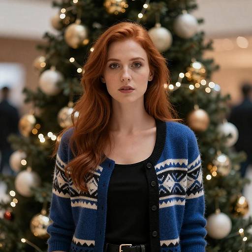Serious Woman by Glowing Christmas Tree