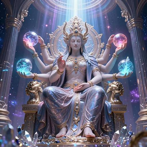 Digital artwork of a multi-armed, ethereal goddess with glowing orbs, seated on a golden throne, surrounded by crystals in a celestial temple.