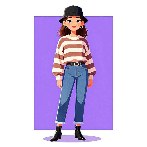Digital illustration of a cute, young woman with brown hair, wearing a black bucket hat, striped sweater, high-waisted blue jeans, black belt