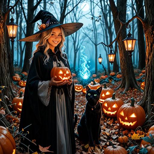 Whimsical Halloween Witch in Moonlit Forest