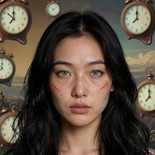 Photograph of an Asian woman with long black hair, green eyes, and red scratch marks on her cheeks, surrounded by floating vintage clocks against a sunset