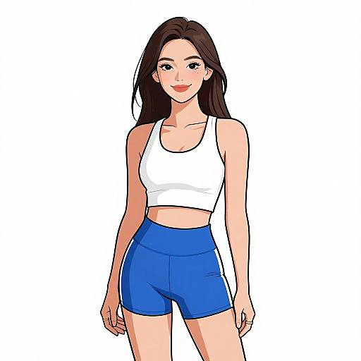 Digital anime-style drawing of a smiling woman with long black hair, wearing a white crop top and blue athletic shorts, standing against a white background.