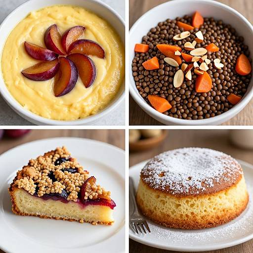 Photograph of four colorful dishes: creamy yellow soup with star anise slices, dark brown lentil mix with orange pieces, crumb-topped fruit